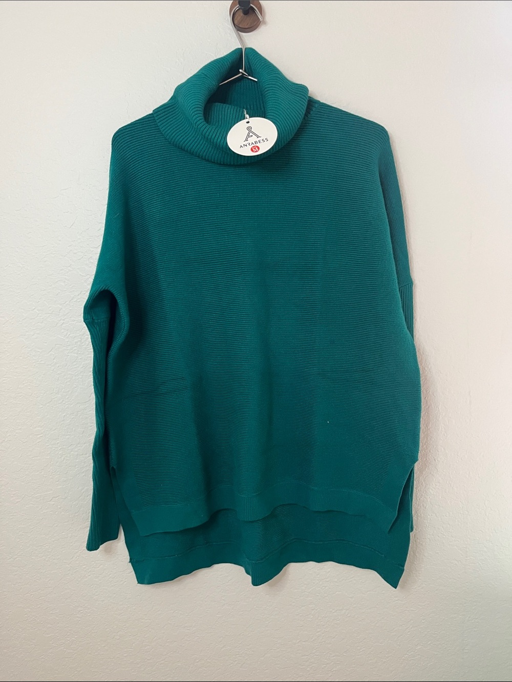 Anrabess Teal Cowl-Neck Sweater